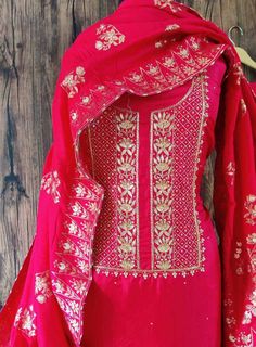 Item Overview ATHARVA Hand Embroidery Salwar Kameez Hot Pink/Zardozi Gota Pati Neck/Banarsi Silk Dupatta/Custom Stitch Unstitch/Wedding/Custom Anarkali Dno. CH1682 Fabric: * Shirt: Chanderi Silk - Hot Pink- 2.5 Mts, with Beautiful Embroidery Neck * Dupatta: Hot Pink Banarsi Silk Dupatta with Swaroski highlight (Motifs may wary) * Salwar: Santoon Silk 2.5 Mts. Excusive Hand Embroidered Party Wear Punjabi Suit. Customization: * Fabrics Customization: Designs Can be made in different Fabrics. *Colo Semi-stitched Banarasi Silk Sharara With Dabka Work, Churidar With Zari Work For Navratri, Anarkali Art Silk Churidar With Zari Work, Anarkali Dola Silk Salwar Kameez With Dori Work, Navratri Churidar With Zari Work Chandbali Shape, Navratri Chandbali Churidar With Zari Work, Traditional Semi-stitched Anarkali Set With Dori Work, Semi-stitched Anarkali Churidar With Intricate Embroidery, Semi-stitched Bollywood Salwar Kameez With Zari Work