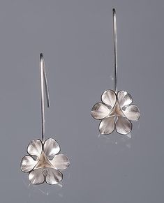 Folded Leaf Flower Wire Earrings by Sadie Wang (Silver Earrings) | Artful Home Handmade Sterling Silver Petal Jewelry, Silver Petal-shaped Earrings For Gift, Handmade Elegant Flower Pendant Earrings, Sterling Silver Flower-shaped Jewelry With Matching Earrings, Formal Silver Earrings With Flower Charm, White Gold Flower-shaped Pierced Earrings, White Gold Flower Shaped Pierced Earrings, Pierced White Gold Flower Earrings, Elegant Sterling Silver Flower Charm Earrings