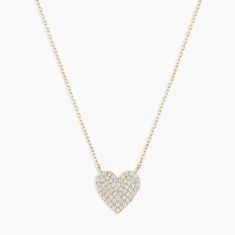 An array of dazzling pavé diamonds illuminates this 14k gold heart necklace. This is the perfect gift for Mom or for a loved one. Product Details 0.358 total carat weight Fifty-four 0.9mm and four 1 mm round GH SI1-SI3 diamonds 14k solid gold 15" chain + 2" extender. Adjustable in 1" increments 15" - 17" Pavé heart measures 10 mm by 10 mm Spring ring closure | Diamond Pavé Heart Necklace in Gold, Women's in 14k gold by Gorjana 14k Gold Heart Pendant Diamond Necklace For Anniversary, Luxury 14k Gold Heart Necklace For Valentine's Day, Luxury Yellow Gold Diamond Necklace With Heart Charm, Elegant Diamond Heart Charm Jewelry, Heart-shaped Yellow Gold Diamond Necklace, Heart Shaped Yellow Gold Diamond Necklace, 14k Gold Heart Pendant Diamond Necklace, Fine Jewelry 14k Gold Heart Pendant Diamond Necklace, Elegant Double Heart Diamond Necklace