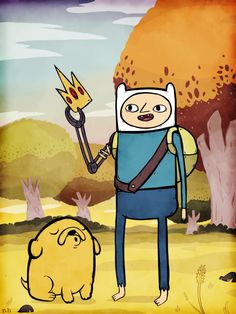 a cartoon character is holding a fire in one hand and a dog on the other