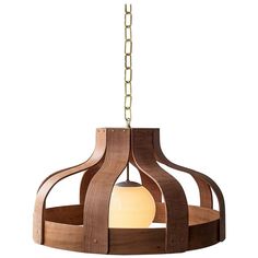 a wooden light fixture hanging from a chain