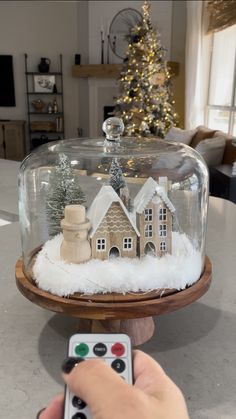 a person holding a remote control in front of a glass dome with snow on it