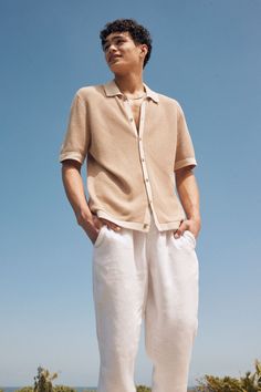 PABLO SHIRT Beige Button-up Top With Placket, Summer Polo Collar Top With Buttons, Casual Collared Shirt With Placket, Classic Collared Tops With Cuffed Sleeves, Collared Tops With Button Cuffs, Beige Casual Collar Top For Summer, Beige Summer Top With Casual Collar, Summer Beige Top With Casual Collar, Casual Tops With Rolled Sleeves And Collared Neckline