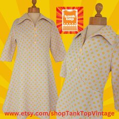 "A wowzer of a 60's dress coming your way rhis evening💛 Thicker weight crimplene dress in an amazing eyecatching design... cream background with a fine coffee coloured diamond check... with large daffodil yellow spots💛 Fab large collars... deep v neck, shaped bodice... 3 pretty central yellow buttons. Topstitching. 3/4 darted sleeves. Fit and flare skirt. Unlined. Rear metal zipper. Internal poppers/straps to keep your bra straps in place. Believe handmade to a fabulous standard💛 Only the ver Retro Beige A-line Dress, Vintage Collared Party Dress, Vintage Collared Dress For Parties, Retro Collared Party Dresses, Cream Fitted Dress With Peter Pan Collar, Retro A-line Cream Dress, Fitted Beige Retro Dresses, Fitted Collared Mod Dress, Fitted Mod Dress With Collar