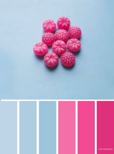 pink and blue color scheme with raspberries on the bottom right hand corner, in front of a light blue background