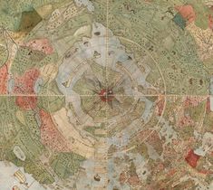 an old map is shown with many different colors and shapes, including the shape of a circle