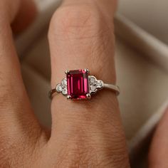 Lab ruby ring rectangle ring July birthstone ring red ruby | Etsy Emerald Cut Ruby Ring Gift, Ruby Ring With Rectangular Stone For Anniversary, Fine Jewelry Ruby Ring With Rectangular Stone, Fine Jewelry Ruby Rings With Rectangular Stone, Classic Rectangular Birthstone Promise Ring, Classic Ruby Ring With Rectangular Stone, Classic Ruby Rings With Rectangular Stone, Classic Ruby Ring With Rectangular Stone For Anniversary, Classic Rectangular Ruby Promise Ring