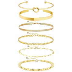 PRICES MAY VARY. 【6 Piece Gold Bracelet Set】This gold bangle bracelets set for women consists of a 6 pcs gold bracelets. The set includes:①Gold Bangle Bracelets②Love knot Cuff Bracelets③Herringbone Chain Bracelets④Chunky Paperclip Bracelets⑤Cuban Chain Bracelets⑥Gold Beaded Bracelets. Suitable for both stacking and wearing alone to create a layered look. 【Suitable for sensitive skin】These delicate gold bracelets for women are made of high quality materials,friendly to sensitive skin,won't discol Delicate Gold Bracelet, Gold Bracelet Set, Bangle Jewelry, Gold Plated Bangles, Bangle Bracelet Set, Bracelets Set, Chunky Bracelets, Gold Bracelet For Women, Gold Bracelets