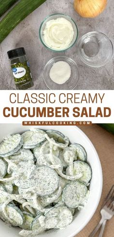 the ingredients for this creamy cucumber salad are in bowls