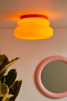 a round mirror sitting on top of a white wall next to a potted plant