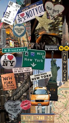 a collage of many different signs and buildings in new york city, including the statue of liberty