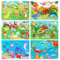 four puzzles with different animals on them