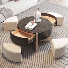 a round table with two stools and a book on it in a living room