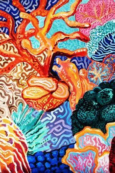 an abstract painting of colorful corals and seaweed