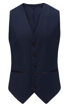 Bring understated elegance to the table in this three-piece tuxedo crafted from rich fabric in a classic single-breasted silhouette. Jacket has shawl collar; chest welt pocket; front welt pockets Vest has front button closure; V-neck Pants have zip fly with button closure; front slant pockets; back button-welt pockets Jacket and vest are lined; trousers are lined to the knee 65% polyester, 35% viscose Dry clean Imported Each suit has a 6” drop, meaning that a size 38R jacket is paired with size Elegant Slim Fit Three-piece Suit, Elegant Semi-formal Vest With Hidden Button Closure, Elegant Semi-formal Vest, Fitted Sets With Hidden Button Closure For Semi-formal Occasions, Elegant Fitted Three-piece Suit For Work, Elegant Sleeveless Three-piece Suit For Semi-formal Occasions, Elegant Tailored Sets With Flat Front, Fitted Sleeveless Tuxedo Set, Elegant Sleeveless Fitted Tuxedo