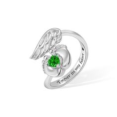 Memorial Ring - This ring can be used to commemorate a child who has passed away. The birthstone in the middle can be the month when the unborn child was supposed to be born. The inner ring can be customized with any text to express the yearning for the child who has passed away.​Special Design - The memorial ring is designed with angel wings and baby footprints with heart, which expresses the mom's desire for the unborn baby will become an angel and remain in their hearts.​Gift for Sympathy - T Silver Heart Ring For May Birthstone Gift, Mother's Day Wedding Sterling Silver Birthstone Ring, Mother's Day Wedding Birthstone Ring In Sterling Silver, Sterling Silver Birthstone Engraved Ring For Promise, White Gold Promise Ring For Mother's Day, Sterling Silver Open Emerald Ring For Gifts, Sterling Silver Emerald Open Ring As Gift, Sterling Silver Open Emerald Ring As Gift, Engraved Sterling Silver Birthstone Ring Gift