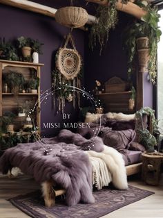 a bedroom with purple walls and lots of greenery on the shelves, bedding and rugs