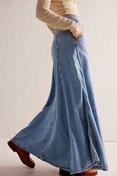 We The Free Catch The Sun Denim Maxi Skirt Maxi Jean Skirt, Satin Ballet Flats, Maxi Skirt Style, Denim Skirt Outfits, Long Denim Skirt, Denim Maxi, Free People Skirt, Denim Maxi Skirt, Jeans Rock