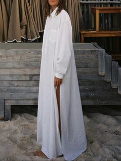 Long Sleeves Loose See-Through Solid Color Split-Joint Split-Side Lapel Maxi Dresses Shirt Dress BLUE-One_size Simple White Maxi Dress, Shirt Dress Maxi, Morning Outfit, Long Lunch, Elegant Maxi Dress, Maxi Shirt Dress, Long Shirt Dress, White Shirt Dress, Pink Maxi Dress