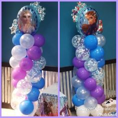 two pictures of frozen princess balloons and some decorations