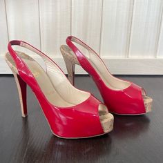 These Chic And Elegant Christian Louboutin Red Patent Leather So Private Slingbacks Will Compliment Almost Any Wardrobe! Leather Lined Uppers Make For A Comfortable Fit. These Shoes Feature Platform Soles And Heel Made From Natural Cork For An Added Twist Of Style! The Soles Have Wear From Normal Use. The Uppers Are Clean And In Excellent Condition, But There Is Tiny Wear To The Bottom Of The Right Cork Heel. Comes With Dust Bag, From A Non Smoking Home And No Pets. Red Leather Slip-on Heels, Red Slingback Heels With 4-inch Heel, Luxury Red Slingback Pumps With 4-inch Heel, Christian Louboutin Heels & Wedges, Red Patent Leather Slingback Pumps With 4-inch Heel, Cork Heels, Red Louboutin, Chic And Elegant, Slingback Sandals