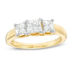 A compelling look, this sparkling fancy-cut diamond engagement ring is designed to delight. Crafted in 14K gold, this simply styled design shimmers with a 1/2 ct. princess-cut diamond flanked by 1/4 ct. princess-cut stones. So elegant with 1 ct. t.w. of diamonds and a brilliant buffed luster, this three-stone comfort-fit engagement ring is a signature of your love. Anniversary Three Stone Square Cut Diamond Ring, Gold Three Stone Princess Cut Diamond Ring, Gold Princess Cut Three Stone Diamond Ring, Square Cut Three Stone Diamond Ring For Anniversary, Three Stone Cubic Zirconia Diamond Ring Princess Cut, Gold Princess Cut Diamond Ring With Three Stones, Princess Cut Three Stone Cubic Zirconia Diamond Ring, Three Stone Princess Cut Cubic Zirconia Ring, Fine Jewelry Three Stone Princess Cut Diamond Ring