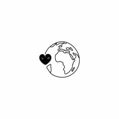 a black and white drawing of the earth with a heart