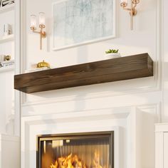 a fire place in a living room with white walls and wood trimming on the mantle