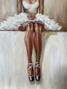 a painting of a woman sitting on a bed with her legs crossed and wearing high heels