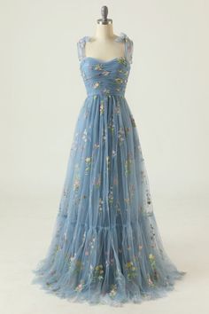 Blue Floral Applique Dress For Gala, Blue Floral Embellished Evening Dress For Gala, Blue Floral Embroidered Dress With Fitted Bodice, Blue Floral Embroidery Evening Dress, Blue Floral Applique Prom Dress, Blue Floral Applique Dress For Prom, Blue Floral Embellished Floor-length Evening Dress, Blue Evening Dress With Floral Embroidery For Party, Blue Floral Embroidery Evening Dress For Party