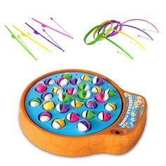 an orange and blue toy with lots of different colored objects in it's tray