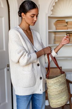 Cozy Cotton Cardigan - Ivory Tanguis Cotton Cotton Cardigan, Small Hands, Waffle Knit, Drop Shoulder, Patch Pocket, Knitting, Leather, How To Wear