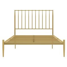 a golden bed frame with wooden slats and headboard on an isolated white background