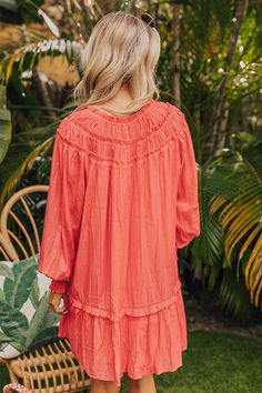 - Live your best beach life with this flowy dress! - Lightweight material with a built-in partial lining - A ruffled v-cut neckline with a tie detail - Gathered ruffles at the yoke - Long, loose sleeves with smocked cuffs - A relaxed silhouette that ends in a mini dress length hemline Loose Sleeves, V Cut, V Cuts, Flowy Dress, The Coast, Beach Life, Live For Yourself, Shift Dress, Dress Length