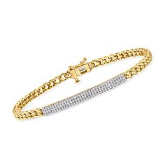 Ross-Simons - .50 ct. t. w. Pave Diamond ID Bar Bracelet in 14kt Yellow Gold. 7". Sumptuous and stylish on its own, this .50 ct. t. w. round pave diamond ID bracelet also looks sleek and sophisticated in a small stack. Finely crafted in 14kt yellow gold on a curb chain. Figure 8 safety. Push-button clasp, pave diamond ID bar bracelet. Diamond birthstones are the perfect gift for April birthdays. Bracelet Diamond, April Birthday, Diamond Birthstone, Bar Bracelet, Id Bracelets, Figure 8, Bar Bracelets, Diamond Bracelets, Curb Chain