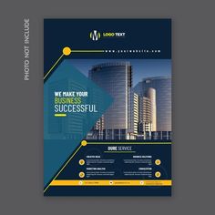 a blue and yellow business flyer with skyscrapers in the background, on a dark gray background