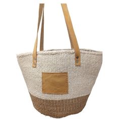 "- Measurements - 10\" Inches length x 10\" Inches Depth  and 16\" Inches Tall (with handles) - Brown suede leather straps - Has inside lining and inner pocket - Includes FREE shipping in the US basket bag leather handles, woven bag, sisal bag, woven bag with handles, woven basket bag with strap, colorful woven bag, woven summer bag Description: A popular choice for the eco-conscious shopper, this natural baskets bags would make a great impressive gift since they are  one of a kind woven item. T Rectangular Cream Straw Bag With Woven Leather, Cream Rectangular Woven Leather Straw Bag, White Natural Fiber Travel Bag, Top Handle Jute Bag With Woven Leather, Top Handle Woven Jute Bag, Top Handle Woven Jute Shoulder Bag, Top Handle Jute Shoulder Bag With Woven Details, Woven Leather Top Handle Jute Bag, Woven Jute Shoulder Bag With Top Handle