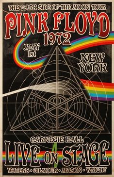 the pink floyd concert poster for new york's live on stage, with rainbows and