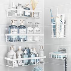 the shelves in the bathroom are organized with soaps and lotions