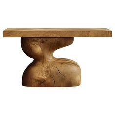 the wooden table is made from wood and has a curved base with an unusual shape