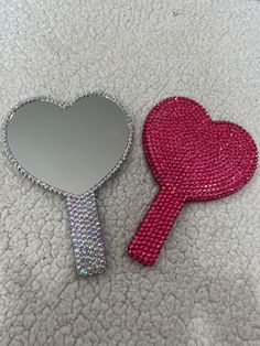 Fully rhinestoned handheld travel mirror. Beautiful  rhinestones cover the whole mirror and are placed with a strong waterproof glue to guarantee they stay in place . These two are resdy to ship or if you would like a different color you can ask and see if I have it and I can make it for you. Rhinestone Hand Mirror, Rhinestoning Ideas, Rhinestoned Things, Bedazzled Mirror, Rhinestone Aesthetic, Bedazzled Things, Bedazzling Ideas, Bedazzled Stuff, Rhinestone Mirror