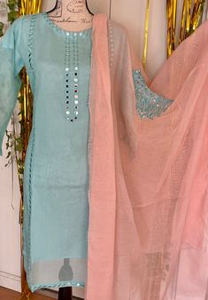 Sky Blue Contrast Color Suits, Pakistani Fashion Party Wear Salwar Kameez, Semi-stitched Anarkali Salwar Kameez In Chanderi, Cotton Silk Churidar With Sheer Dupatta And Straight Kurta, Chanderi Churidar With Sheer Dupatta And Straight Kurta, Blue Cotton Silk Salwar Kameez With Mirror Work, Dola Silk Churidar With Dabka Work, Chanderi Churidar With Mirror Work, Summer Cotton Silk Kurta With Mirror Work