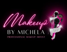 make up by michela logo with makeup brushes in pink and white on black background