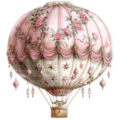 a pink and white hot air balloon with flowers on it