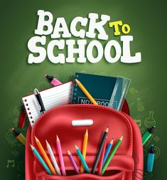 back to school poster with pencils, books and notebooks in a red backpack