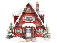 a red house with snow on the roof and trees around it, painted in watercolor