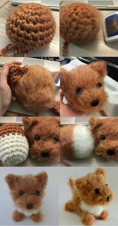 there are many pictures of stuffed animals being made to look like they're having fun