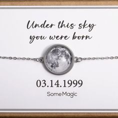 "Double Sided Moon Bracelet, Custom Moon Phase Bracelet, Engraved Star Map By Date, Personalized Gift For Women, Birthday Gift, Anniversary By purchasing this listing you will receive one double sided bracelet: FRONT SIDE - custom moon phase. BACK SIDE - engraved STAR MAP or engraved INITIAL AND DATE (by your choice). A perfect way to save a memory ♥ ➳ Just enter the DATE and PLACE that means something to you and I will make a bracelet from the moon phase which appeared that night. It can be any date, past or future, making this bracelet a wonderful and unique present for any occasion.  ➳ Please enter your TEXT for a GIFT CARD. You can also add a name, coordinates or any other words. Moon size is 0.6\"(16mm). Bracelet length is 6.5\"(16cm) + 2\"(5cm) extender for a perfect fit! If you need Adjustable Celestial Bracelet Gift, Adjustable Celestial Bracelet For Gifts, Adjustable Celestial Style Bracelet Gift, Adjustable Celestial Bracelets As A Gift, Celestial Adjustable Charm Bracelet Gift, Moon Charm Bracelets As Gift, Round Moon Charm Bracelets As Gift, Personalized Adjustable Moon Shaped Jewelry, Adjustable Personalized Moon-shaped Jewelry