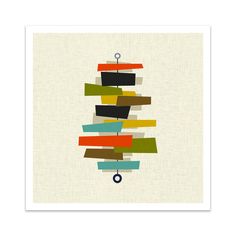 an abstract art print with multicolored lines and rings hanging from it's sides