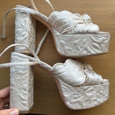 These Are Sold Out Everywhere In Cream! Loeffler Randall Isabel Cream Quilted Satin Platform Size 8 Worn For Rehearsal Dinner, So Comfy And Beautiful! Perfect For A Bride To Be Wedding Platform Shoes, Platform Wedding Shoes, Wedding Platform, Wedding Shoes Platform, Loeffler Randall Shoes, Wedding Slippers, Wedding Dress Accessories, Loeffler Randall, Chunky Platform